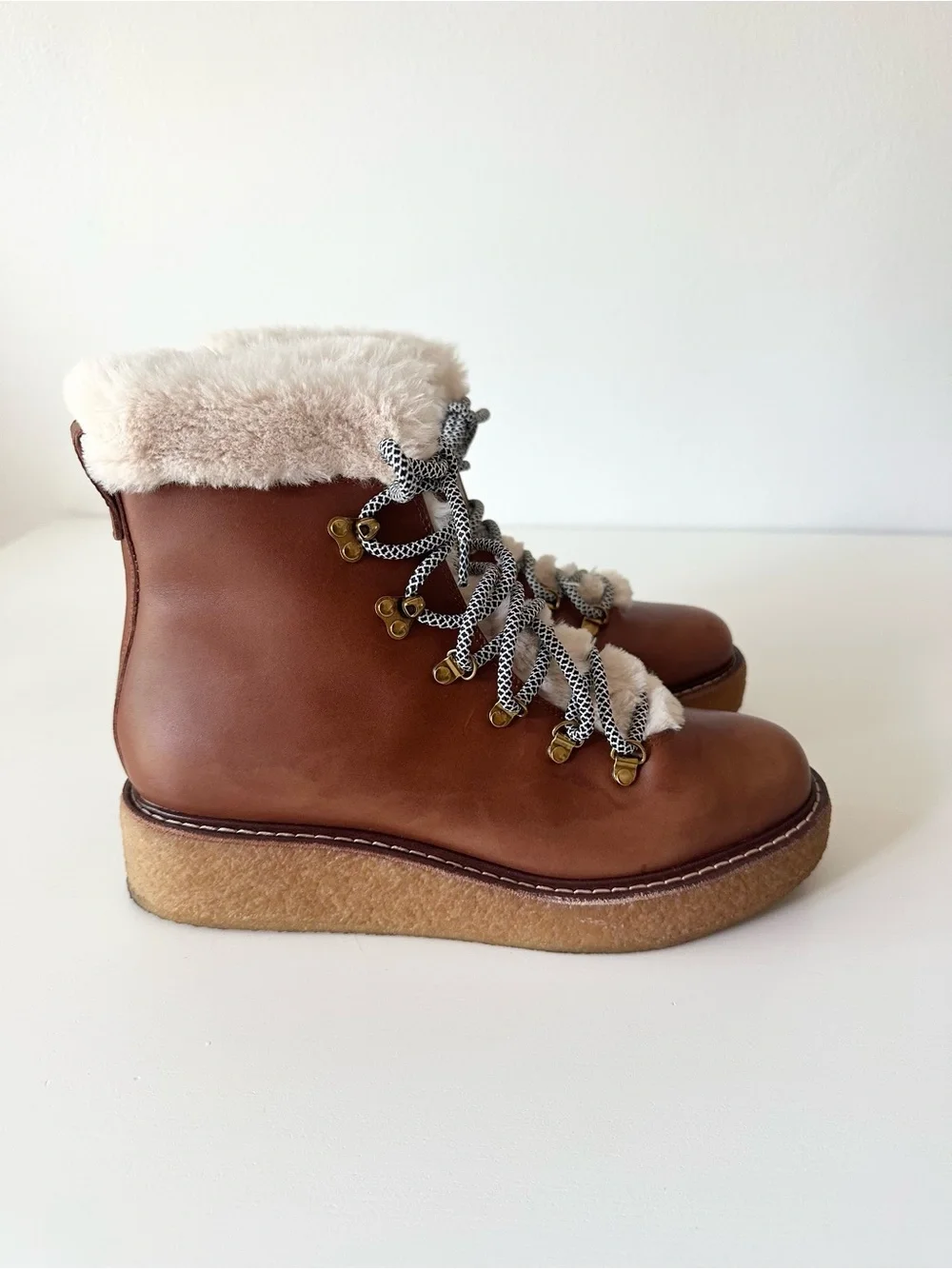 J.Crew Faux Fur Lined Brown Leather Lace Up Nordic Hiking Boots Size 8.5